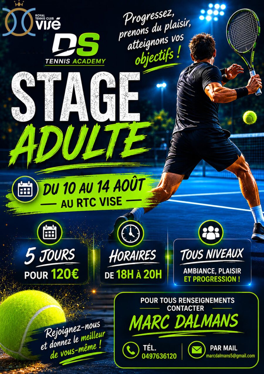 Stage Tennis Adultes 10 au 14 août de 18 à 20h
